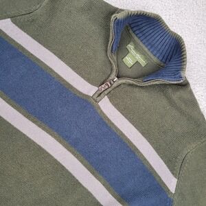Eddie Bauer Mens 1/4 Zip‎ Pullover Sweater Large L Green Blue Striped Cotton